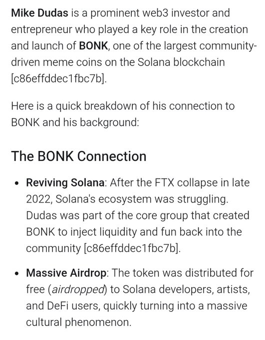 A text article about Mike Dudas describing him as a prominent web3 investor and entrepreneur involved in creating BONK, one of the largest community-driven meme coins on the Solana blockchain, including sections on 'The BONK Connection', 'Reviving Solana', and 'Massive Airdrop'.