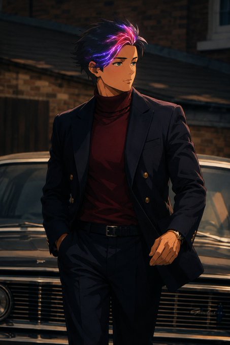 An anime-style illustration of a stylish young man with purple-streaked hair in a dark blazer and maroon turtleneck, leaning against a car on a brick street.