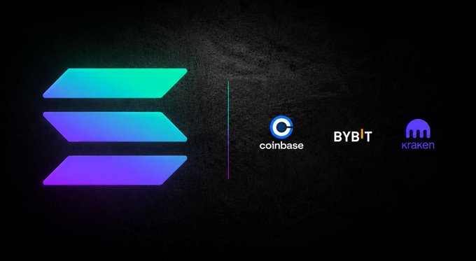 The image features the Solana logo in glowing green-to-purple gradient next to the logos of Coinbase, BYBIT, and Kraken, visually representing the post's claim that Solana surpassed these major exchanges in spot trading volume last week.