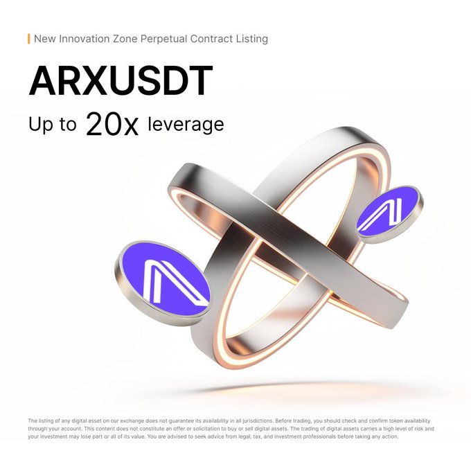 The image features a silver ring with two blue circles, one of which has an "A" on it. The text above the ring reads "ARXUSDT Up to 20x Leverage", indicating that there's a new innovation zone called ARXUSDT and that users can leverage up to 20x in the market.