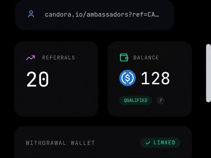 The image shows a close-up of an advertisement or product display related to Candora, which is an affiliation program for ambassadors. The screen displays information about the program's requirements, such as referring at least 20 people and making 2 USDC payments per referrer. This promotional material also suggests that there are two options available in the program: a green card with a money-back guarantee and a purple badge indicating a qualified referrer. The post encourages viewers to click on these buttons for more details or instructions about joining Candora's Ambassador Program, which has a $2 USDC per refferals payment, and potentially offers additional rewards like a 5% bonus for every 5 new referrers referred through the program.