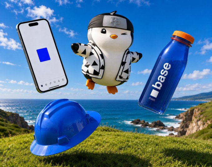 A surreal promotional image featuring a penguin mascot wearing a black and white patterned jacket alongside a smartphone with a blue square, a blue hard hat, and a blue Base water bottle, all set against a coastal cliffside background.