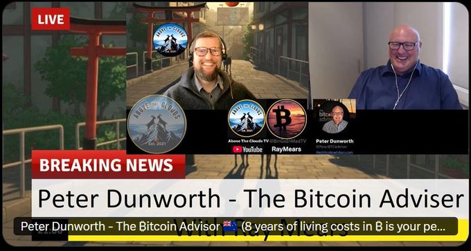 Live YouTube stream titled 'Peter Dunworth - The Bitcoin Adviser' featuring an interview labeled 'RayMears' and 'Peter Dunworth' with channel branding 'Above The Clouds TV.'