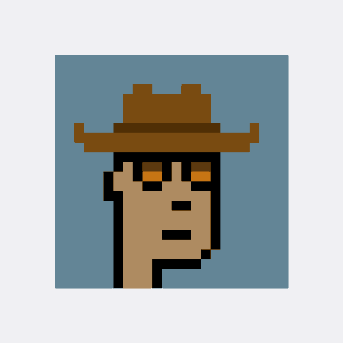 Pixel art portrait of a figure wearing a brown cowboy hat against a blue background.