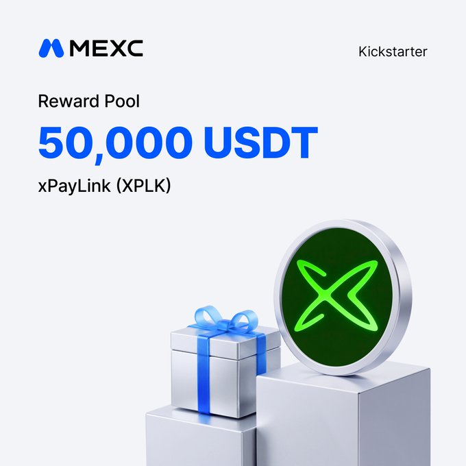 A MEXC Kickstarter promotional image highlights a **50,000 USDT reward pool** for the xPayLink (XPLK) token launch, featuring a sleek white gift box with a blue ribbon alongside a large XPLK coin emblem.