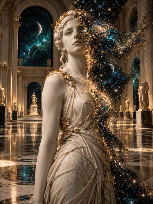 A digital artwork depicts a classical marble statue of a woman in a flowing dress inside an ornate gallery, with the right side of her body dissolving into a swirling cosmic galaxy of stars and nebulae.