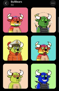 An NFT collection called BullBears displayed in a gallery view, featuring colorful cartoon bull and bear characters in various outfits (sailor, referee, sunglasses) on pastel backgrounds.