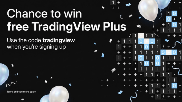 A promotional graphic on a dark background with balloons and binary code announcing a "Chance to win free TradingView Plus," instructing viewers to "Use the code tradingview when you're signing up," celebrating the platform's 10-year anniversary giveaway.