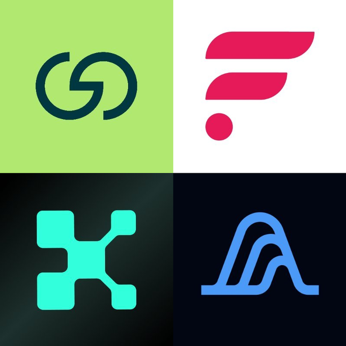 A 2x2 grid of four tech company logos: a green 'GO' symbol (top-left, likely GoDaddy), a red 'F' (top-right, Figma), a teal interconnected nodes symbol (bottom-left, likely HashiCorp), and a blue stylized 'A' (bottom-right, Atlassian).