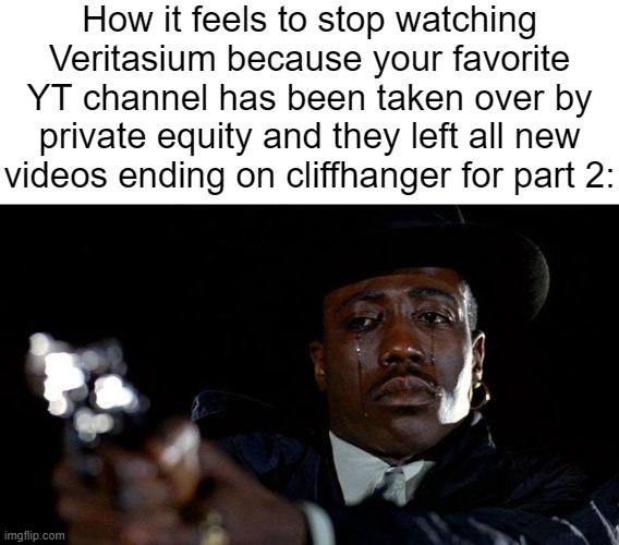 The image features a man dressed as a character from the movie "The Godfather" holding a gun, with a caption that reads "How it feels to stop watching Vertitasium because your favorite YT channel has been taken over by private equity and they left all new videos ending on cliffhanger for part 2:". The image is related to the post in that it discusses how viewers might feel about the ending of a TV show or movie, specifically "The Godfather", which was released in 1972.