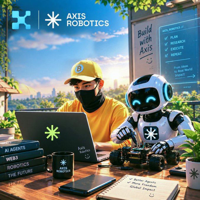 A promotional image for 'AXIS ROBOTICS' featuring a man in a yellow cap and mask working on a laptop beside a white robot, with books labeled 'AI AGENTS,' 'WEB 3,' 'ROBOTICS,' and 'THE FUTURE' visible in the foreground.