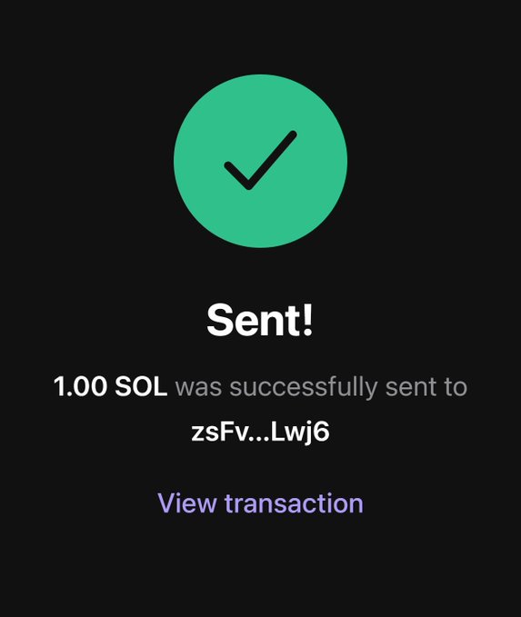 Mobile wallet confirmation screen showing 'Sent!' with a green checkmark, confirming '1.00 SOL was successfully sent to zsFv...Lwj6' with an option to view the transaction.