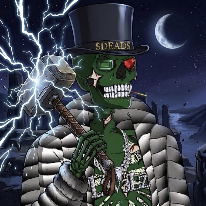 A green skull wearing a top hat emblazoned with "$DEADS" holds a glowing hammer amid lightning bolts and a moonlit graveyard, with diamond-encrusted "DEADS" chains adorning its chest—perfectly matching the post's bullish top-hat aesthetic and promise of a strong return tomorrow.
