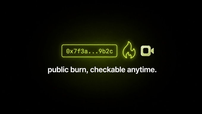 A dark background graphic displaying '0x7f3a...9b2c' with flame and camera icons, accompanied by the text 'public burn, checkable anytime.'