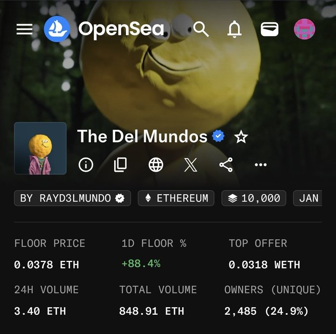 OpenSea NFT collection page for 'The Del Mundos' on Ethereum, showing a floor price of 0.0378 ETH, a +88.4% 1D floor change, 24H volume of 3.40 ETH, and 2,485 unique owners.
