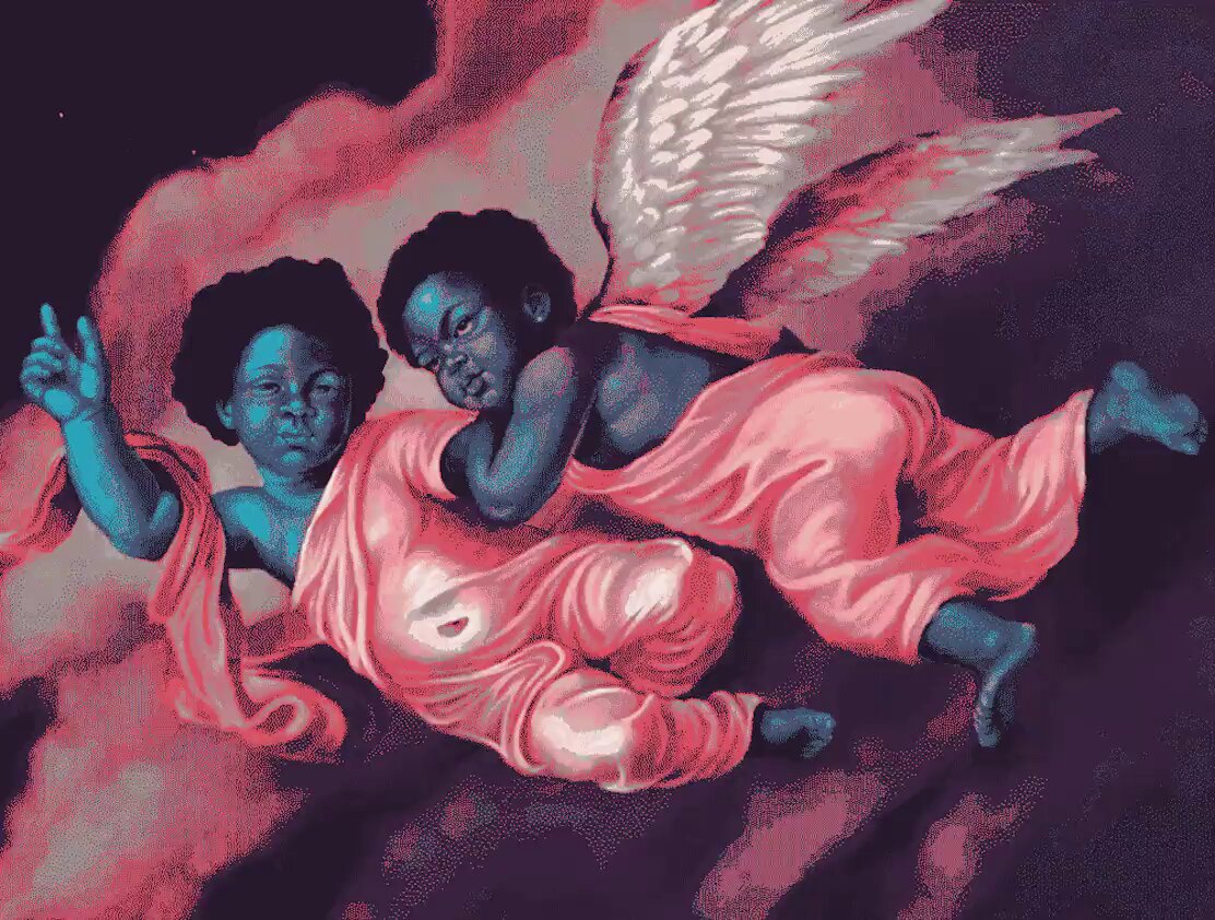 The image features two cherubs with wings, one wearing a pink robe and the other a white robe, flying through a purple sky. The cherub on the left has its hand raised while the cherub on the right has its arm extended outwards. Both cherubs are depicted in a cartoon style, giving them an artistic and whimsical appearance. The background of the image is a gradient of pink to purple colors, which further enhances the visual appeal of the scene.