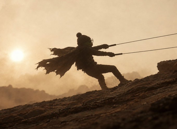 A silhouette of a cloaked figure with a pom-pom hat ascending a rocky incline at sunset, pulling on two ropes in a cinematic, atmospheric scene.