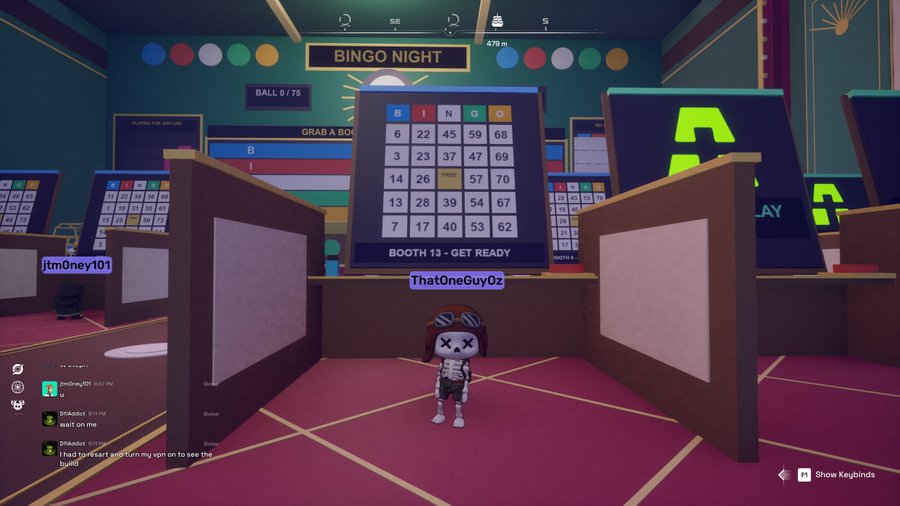 A virtual bingo game scene in a colorful hall featuring a player avatar named 'ThatOneGuyOz' standing in front of a bingo card display showing 'BINGO NIGHT' and 'BOOTH 13 - GET READY'.
