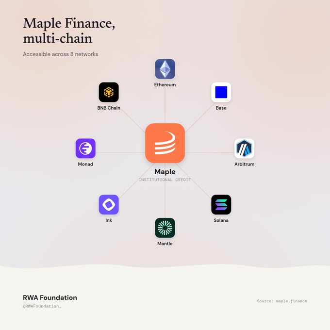 An infographic titled 'Maple Finance, multi-chain' showing the Maple Institutional Credit platform accessible across 8 networks: Ethereum, Base, Arbitrum, Solana, Mantle, Ink, Monad, and BNB Chain, sourced from maple.finance.