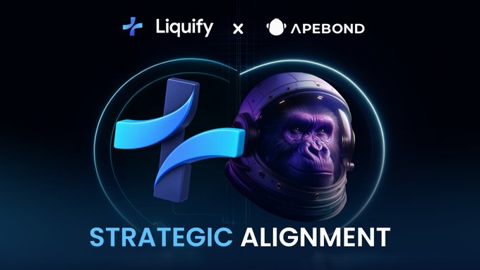A promotional graphic reading "Liquify x APEBOND STRATEGIC ALIGNMENT" featuring a glowing blue logo alongside a gorilla wearing a purple astronaut helmet.