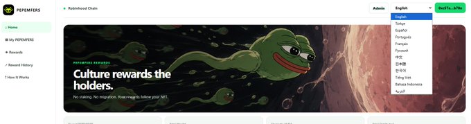 A screenshot of the PEPEHUNTERS website with a Pepe the Frog banner reading 'PEPEHUNTERS REWARDS - Culture rewards the holders' and a language selection dropdown showing options like English, Espanol, and Tonga.