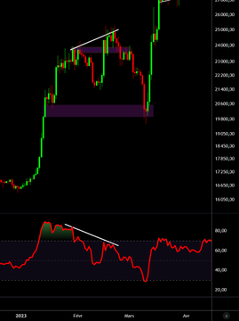 A daily BTC/USD chart from late 2022 through April 2023 shows price action reaching the mid-$20,000s, with two highlighted bearish divergences between price and RSI (the latter marked around 50-70), followed by a sharp correction into the low $20,000s and a recovery of the fair value gap (purple zones) before resuming the uptrend, mirroring the post's description of a fake first correction, a second top, and a subsequent dip to reclaim FVG during the March 2023 post-bear-market rally.