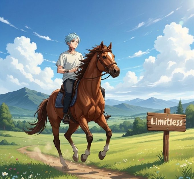An anime-style illustration of a blue-haired character riding a brown horse through a green meadow, with a wooden sign reading 'Limitless' on the right side.