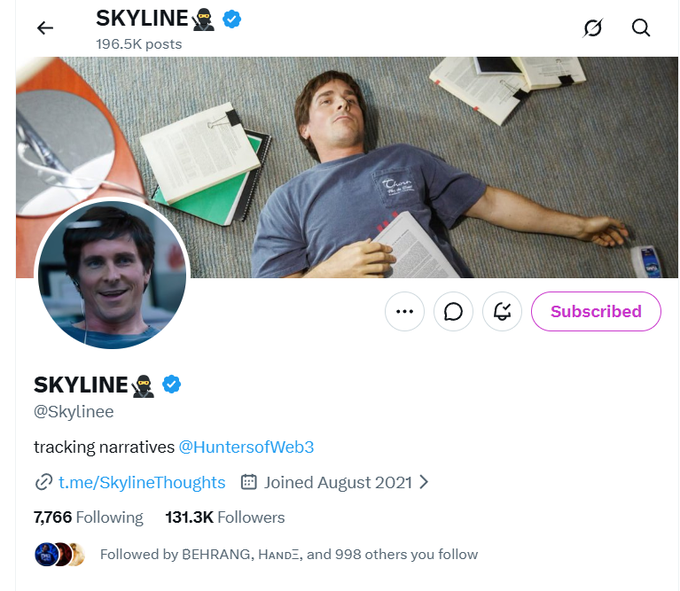 A Twitter/X profile page for SKYLINE (@Skylinee), who joined in August 2021, has 131.3K followers and tracks narratives @HuntersofWeb3 via t.me/SkylineThoughts.