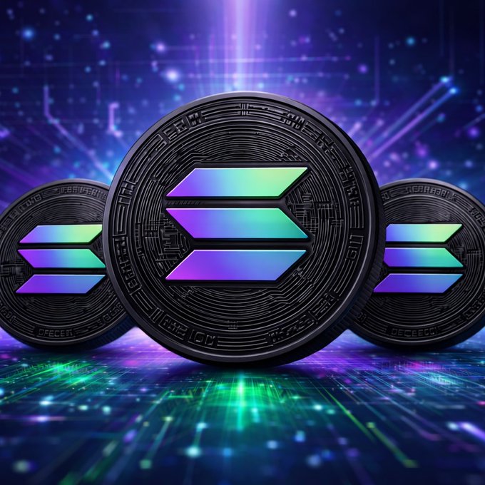Three stylized cryptocurrency coins with the Solana logo in an iridescent purple-blue gradient, set against a vibrant purple and blue cosmic background with circuit board elements.