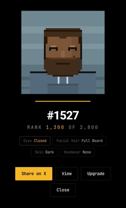 A digital profile screen for a pixel art character #1527, ranked 1,300 of 2,800, featuring a dark-skinned avatar with closed eyes and a full beard.