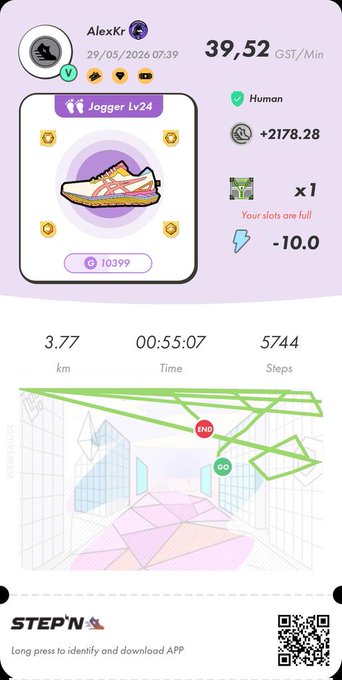 The image shows a purple shoe, possibly a sneaker or athletic shoe, displayed on a white background with a pink border. The shoe appears to be a part of an app that tracks daily runs and provides information about the user's progress. The app is named "StepN" in black text at the bottom of the screen. There are also several icons related to running activities such as a running shoe, a person jogging, and a map with distances between locations. The image also contains a QR code that could be used for further information or instructions about the app.