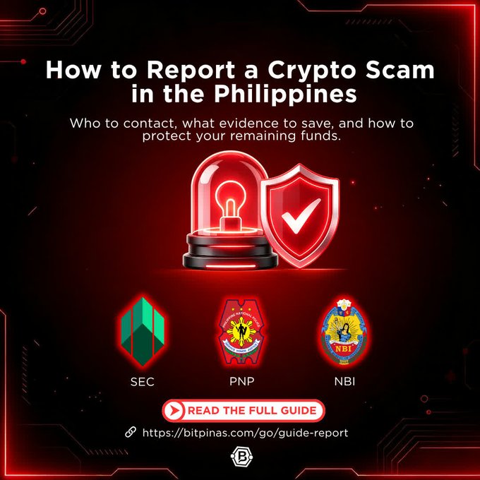 A red-themed infographic titled 'How to Report a Crypto Scam in the Philippines' featuring icons for the SEC, PNP, and NBI, with a link to bitpinas.com/go/guide-report.