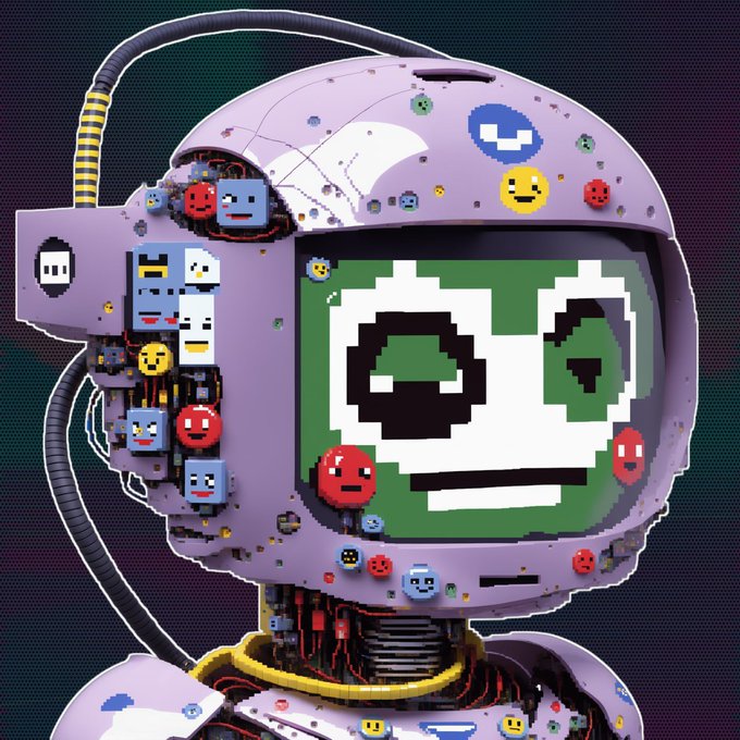 A pixel art illustration depicts a purple robot head with a glitched green face display, adorned with small colorful robot stickers and exposed wiring.