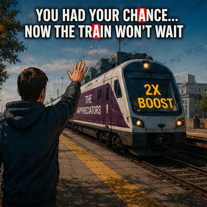 The image features a man waving at a train that has "The Appreciators" written on its side, indicating that he is trying to climb the leaderboard without holding an original NFT. The man's goal is to achieve a boost of 2x for his 10,000 $APE pool.