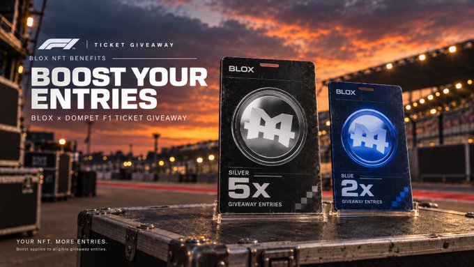 A promotional banner for a 'BLOX x DOMPET F1 TICKET GIVEAWAY' offering 'BLOX NFT BENEFITS' to 'BOOST YOUR ENTRIES' with Silver (5x) and Blue (2x) passes displayed.