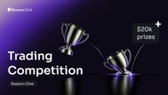 A dark purple promotional banner advertising a 'Trading Competition' with 'Season One' and '$20k+ prizes' text alongside trophy illustrations.