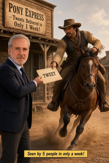 The image shows a modern businessman handing an envelope labeled "TWEET" to a cowboy on horseback, set in front of a wooden building with a sign reading "PONY EXPRESS - Tweets Delivered in Only 1 Week!" — a satirical reference to Peter Schiff's gold-based alternative to Bitcoin, highlighting the absurdity of slow, outdated "innovation" compared to digital currency.