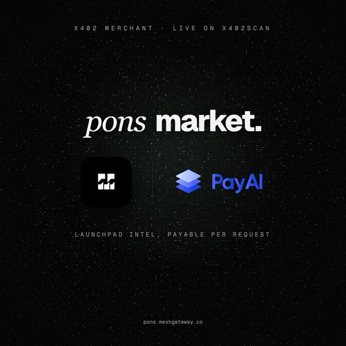 A dark promotional graphic titled "pons market." featuring the X402 Merchant and PayAI logos side-by-side, with header text "X402 MERCHANT · LIVE ON X402SCAN" and tagline "LAUNCHPAD INTEL. PAYABLE PER REQUEST." The image visually represents the partnership announcement, highlighting the integration of PONS Market on Base with USDC payments facilitated by PayAI for agentic commerce across networks.