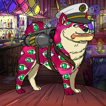 A colorful cartoon illustration shows a pink, fleshy Shiba Inu dog wearing a white captain's hat and a strapped mechanical device, standing in a pirate-themed bar setting.