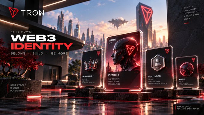 Promotional graphic for TRON DAO titled "NFTS POWER WEB3 IDENTITY" showcasing digital plaques for Membership, Identity, Reputation, and Web3 ID.