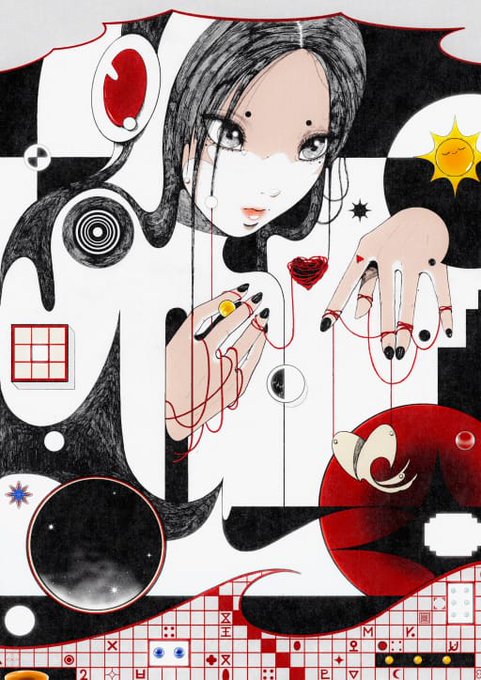 A stylized illustration of a woman with dark hair and traditional makeup, surrounded by surreal black, white, and red imagery including hands, eyes, lips, and abstract shapes.