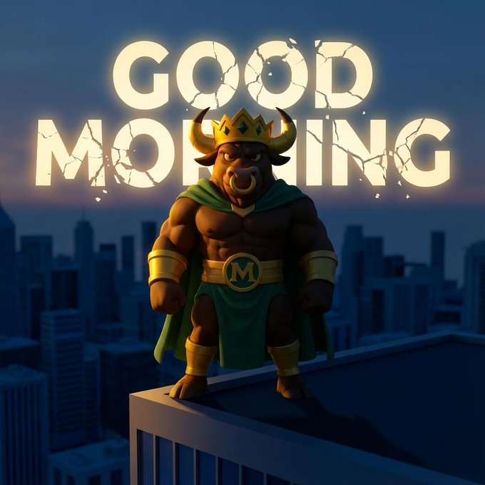 A 3D-rendered muscular minotaur wearing a crown, green cape, and a belt with an 'M' emblem stands on a rooftop above a city skyline, with large illuminated text reading 'GOOD MORNING' behind him.