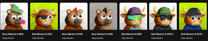 A collection of six digital clay Bull Market NFT figurines (#84, #532, #918, #458, #856, and #2404) created by Clay StonKZ, displayed as part of a bullish crypto collection. The accompanying post expresses optimism ("Hopium") about the collection's success, reinforcing the bullish theme of the bear-vs-bull NFT series.