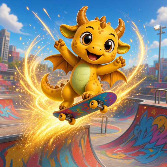 A vibrant 3D cartoon illustration of a cheerful yellow baby dragon riding a skateboard with sparks flying at a colorful graffiti-covered skatepark.