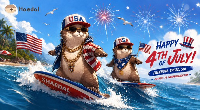 An AI-generated July 4th promotional image featuring two otters wearing USA caps and sunglasses surfing, with text reading 'Happy 4th of July! Freedom. Speed. Sui.' and the 'Haedal' logo.
