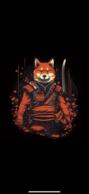 A stylized illustration of a Shiba Inu dog dressed as a samurai warrior in red and black armor, with a katana sword on its back, set against a dark background with red splatter effects.