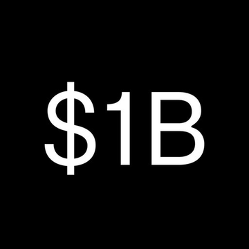 A simple black square graphic shows bold white text reading '$1B'.