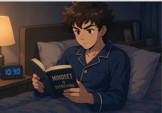 An anime-style illustration of a young man in blue pajamas reading a book titled "MINDSET IS EVERYTHING" in bed, with a digital clock showing 10:30 on the nightstand.