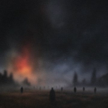 A dark, atmospheric painting depicting silhouetted figures standing in a misty landscape with a glowing red/orange fire burning in the background.
