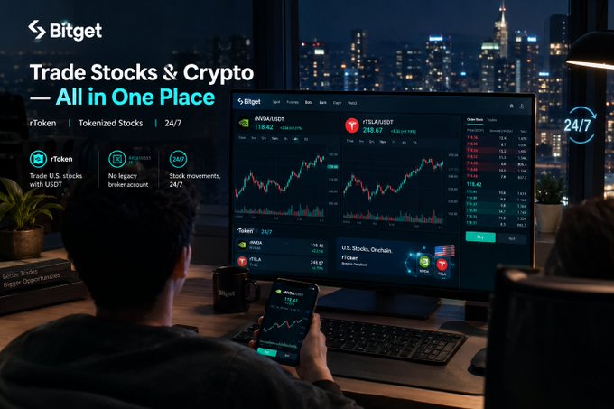 A promotional advertisement for Bitget showing a person trading on multiple devices, with the text 'Trade Stocks & Crypto — All in One Place' and 'rToken | Tokenized Stocks | 24/7'.